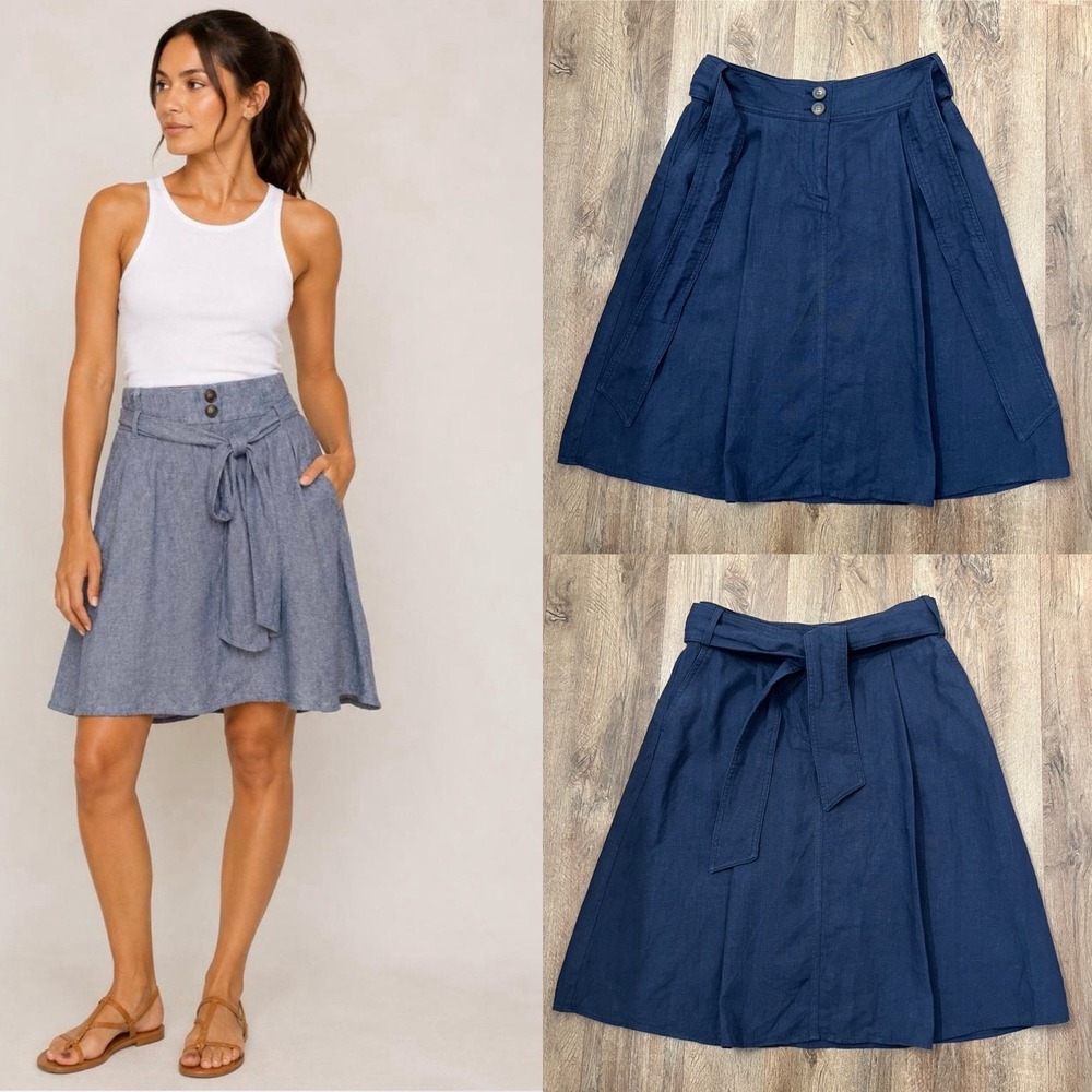Boden Navy Blue 100% Linen Tie Waist A-Line Midi Skirt Womens US 4 UK 8
